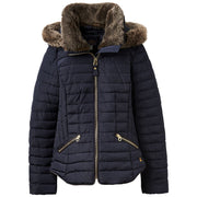 Joules Gosling Short Padded Coat with Faux Fur Timmed Hood Blue
