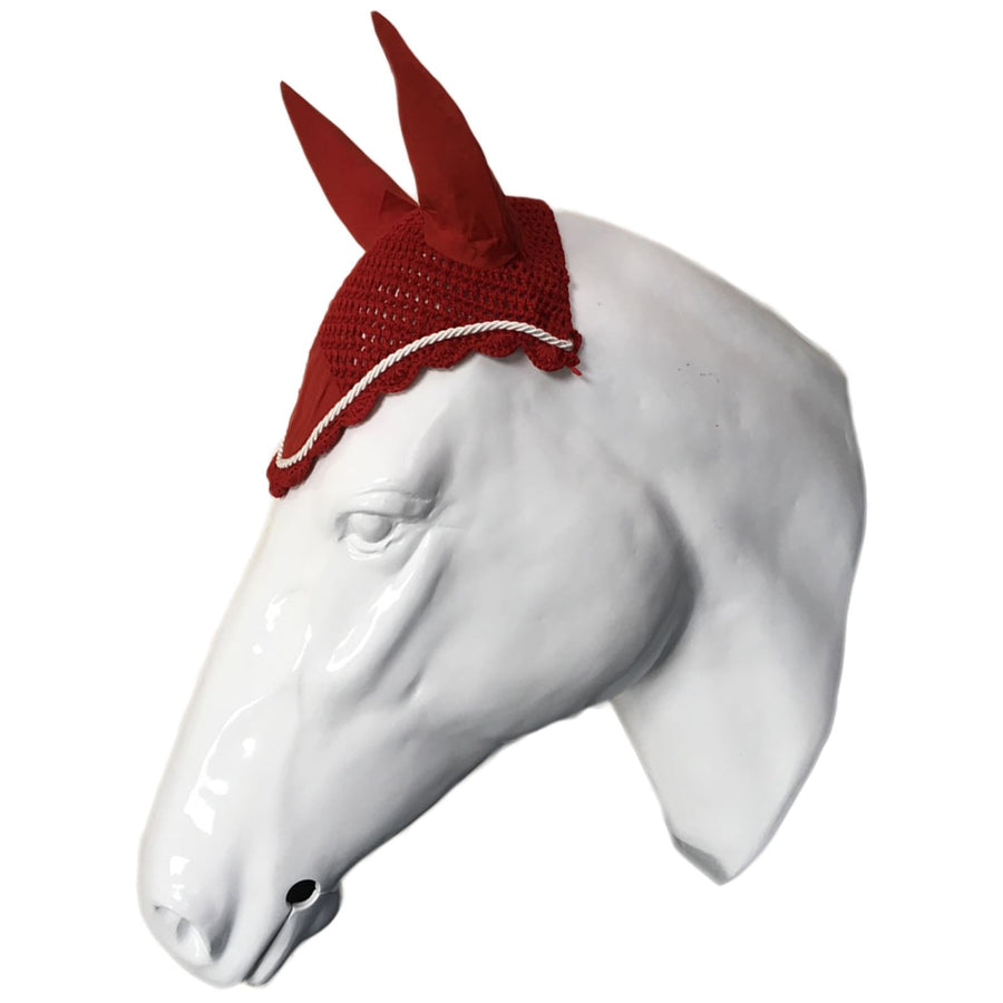 White Horse Equestrian Ear Bonnet Red/White