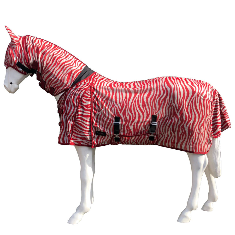 White Horse Equestrian Fly Rug With Mask Red Zebra